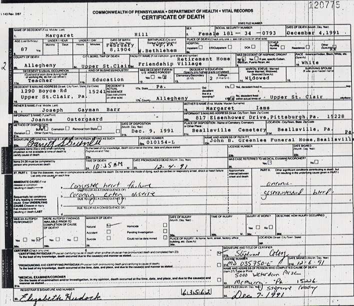 Margaret Hill death certificate